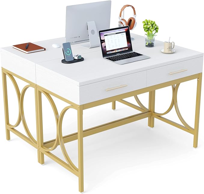Tribesigns Modern Computer Desk with 2 Drawers Set of 2, 41 Inches Study Writing Office Desk for Home Office, Bedroom, Makeup Vanity Table Desk with Gold Metal Frame, White & Gold