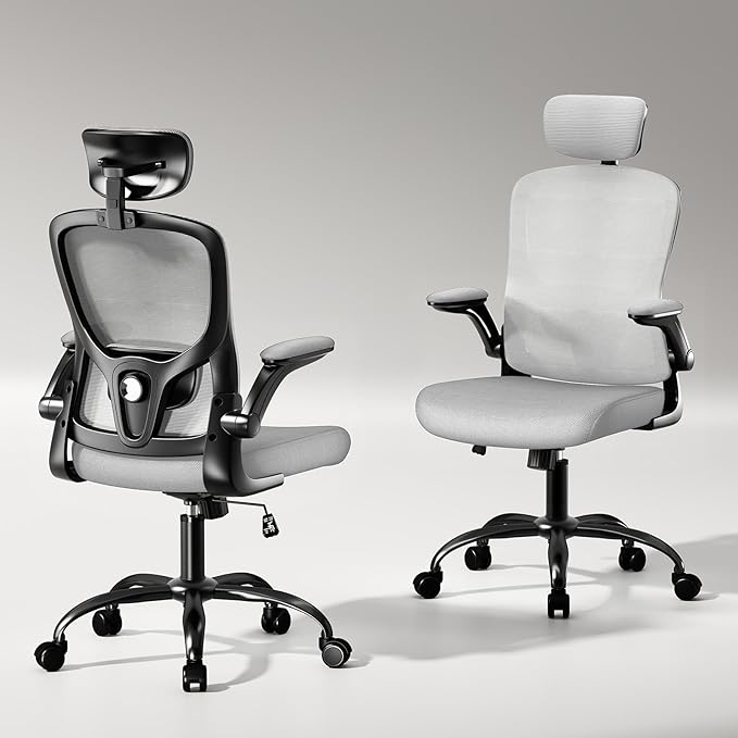 Ergonomic Office Chair - Adjustable Lumbar Support and Headrest, High Back Desk Chair with Flip-Up Arms for Home Office, 90-120° Tilt & Swivel Rolling Task Chair (Grey6076)