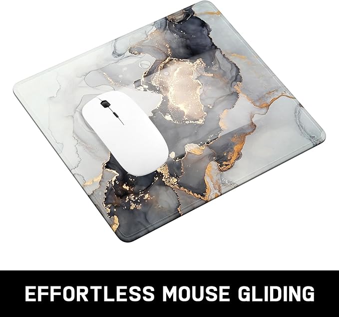 Mouse Pad, Minimalism Marble Style Computer Pad, Anti-Slip Rubber Mouse Mat with Stitched Edges for Gaming, Office, Laptop, PC, Women, 9" x 8" Thick 3 mm, Gray Gold Marble