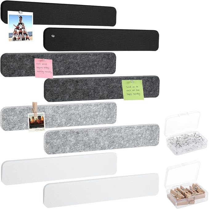 8 Pack Felt Bulletin Board Strips, 13x2 Inch Pin Board, Cork Boards | Self Adhesive, Includes 50 Pushpins and 10 Wooden Clips Push Pins, for Walls Home School Office Decor (Black White Gray)