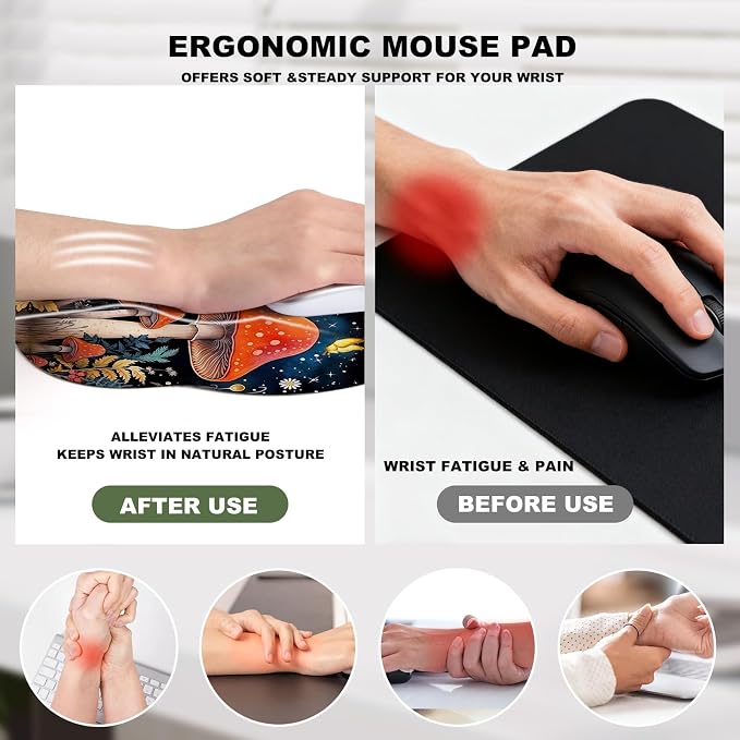 Red Mushrooms Mouse Pad with Gel Wrist Support, Smooth Surface Ergonomic Mouse pad, Non-Slip Pain Relief Desk Mat for Gaming, Work & Office Desktop
