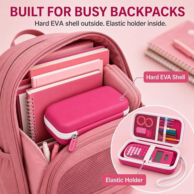 Pink Calculator Case for TI-30XS/TI-30XIIS/TI-30Xa/TI-36X Pro | Hard EVA Shell, Two-Layer Mesh Pockets, Elastic Holder, Wrist Strap, 7.48 x 3.23 x 1.18 in, School Exam Carry
