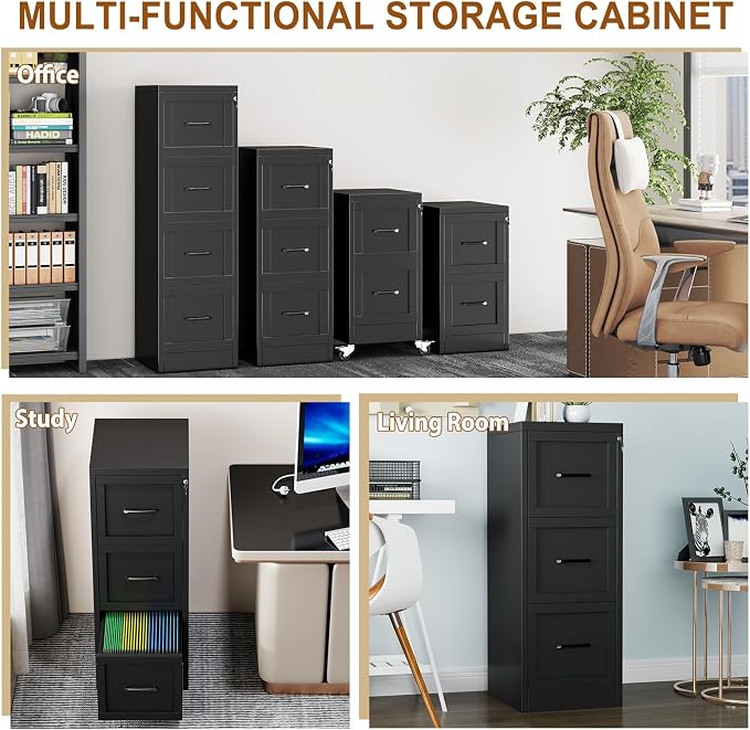 3 Drawer Metal File Cabinet with Lock,Narrow Vertical Filing Storage Cabinets,Steel File Organization for Legal/Letter/A4/F4 Size with Hanging Files,Lockable File Folders for Home Office, Black