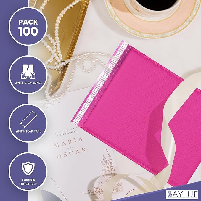 Hot Pink Bubble Mailers 12x15, Poly Padded Envelopes, 100 Pack Bulk | Holds Clothing & Bulk Items, Self-Seal Closure, Cushioned Protection, Water-Resistant Poly, For Small Business Shipping