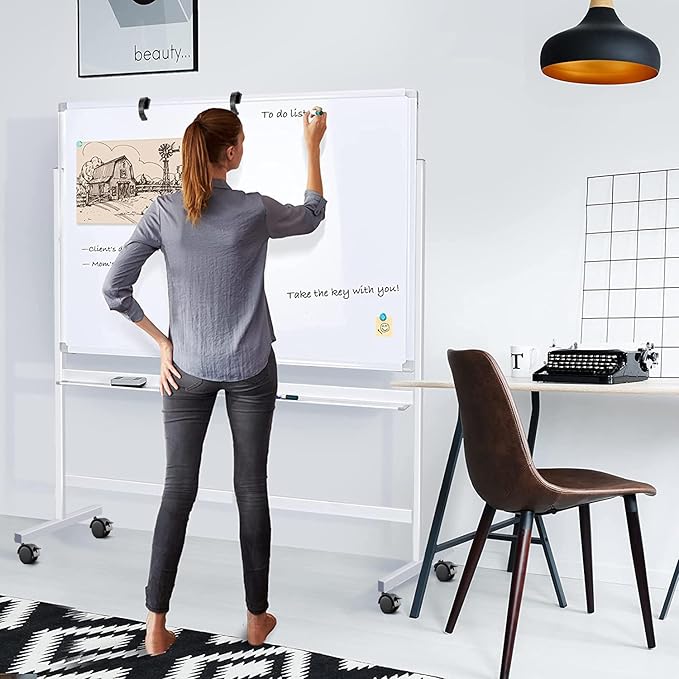 Maxtek Rolling White Board on Wheels 48x36 in, Double-Sided Magnetic Stand | Mobile Dry Erase Board with Stand, Aluminum Frame Easel, Reversible Writing Surface for Office, Classroom School Homeschool