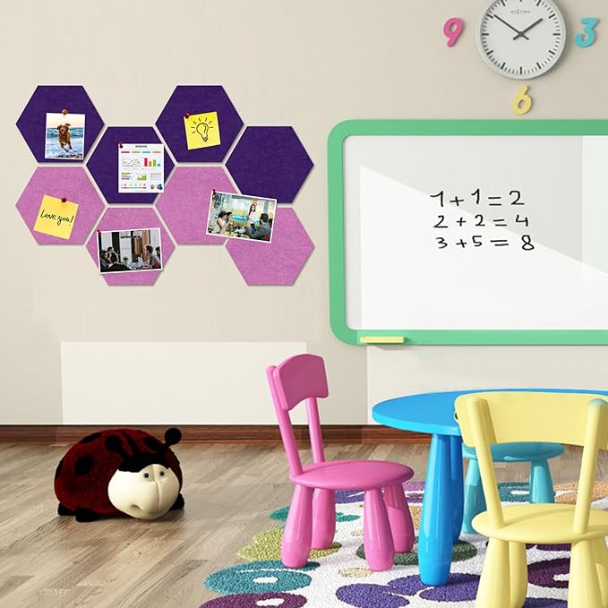 Large Hexagon Felt Cork Board Tiles, Self Adhesive DIY Felt Bulletin Board Pin Board with 35 Pushpins for Office School Home Wall Decor(Purple+Light Purple)
