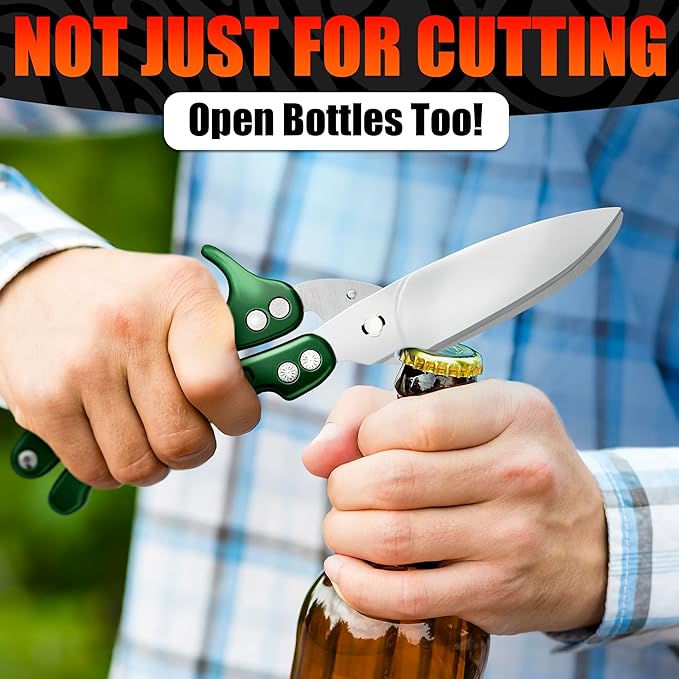 4-in-1 Stainless Steel Kitchen Shears – Sharp Seafood, Fish, Turkey & Chicken Cutting Scissors with Non-Slip Metal Handle & Micro-Serrated Blades – Spring-Loaded Bone Scissors with Safety Lock (Green)