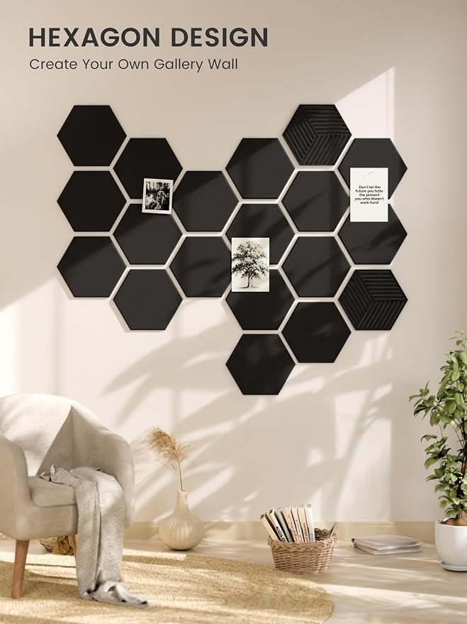 Fluxynara 10-Pack Hexagon Felt Bulletin Board Tiles, Black | Cork Board Alternative for Wall Decor and Vision Boards, with 50 Adhesive Tabs for Home, Office, Classroom or Dorm.