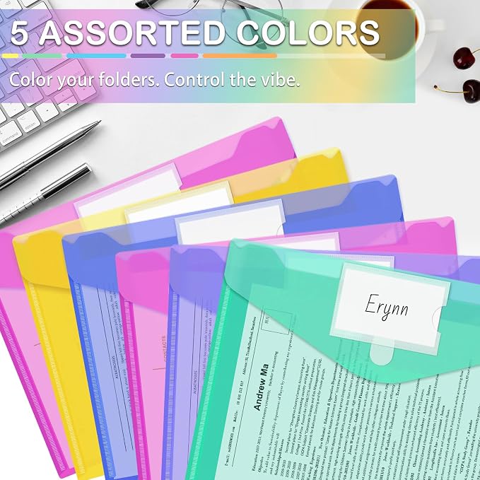 10 Pack Plastic Envelopes File Folders, Plastic Filing Folders A4 Pouch | Safe Closure, Colored Folder for Documents Letter A4 Size with Label Pocket, Office Teacher School Supplies Storage