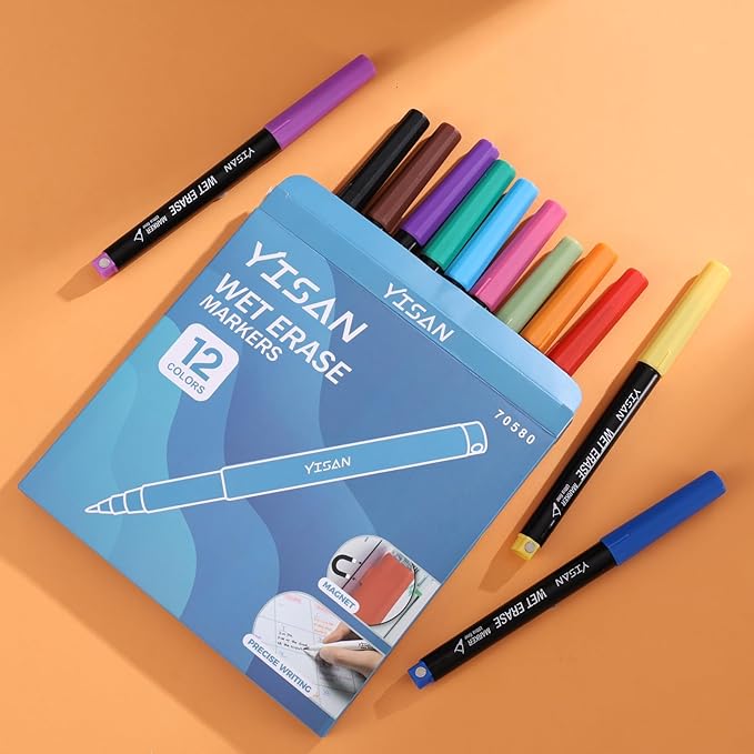 YISAN Ultra Fine Tip Magnetic Wet Erase Markers, 0.7mm, 12 Colors | Low Odor, For Whiteboard, Office Home Planning Board Use, 70580