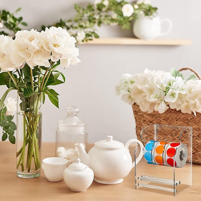 Geosar 3 Pcs Adjustable Label Dispenser 3 Disks Sticker Roll Holder Sticker Dispenser Clear Label Roll Holder Acrylic Tape Organizer Stand for Office Home Desktop