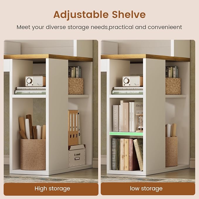SEDETA 67" Farmhouse L Shaped Desk with Hutch, White+Brown | Home Office Desks with Drawers & Sliding Doors,Executive Corner Computer Desk with Storage Shelves,Power Outlets,LED Lights