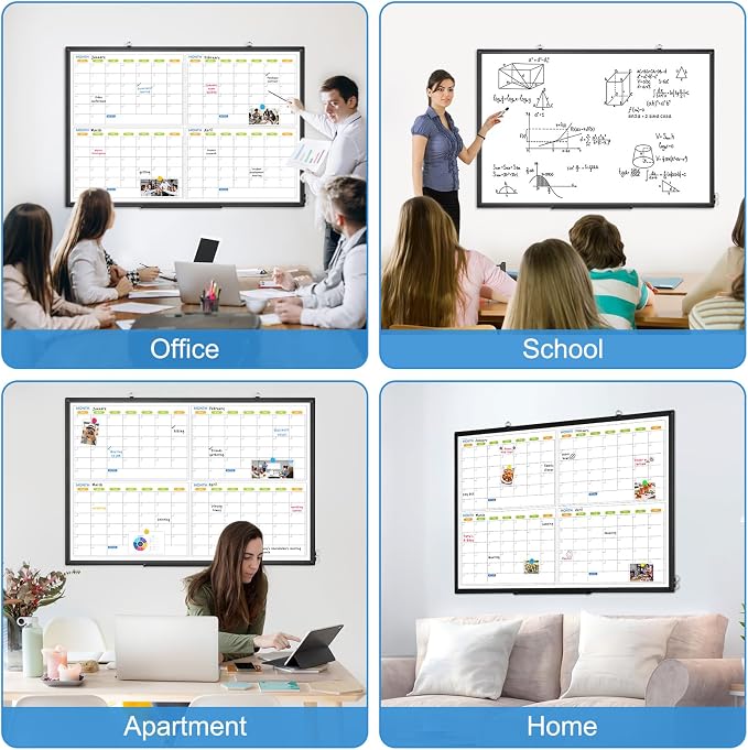 Dry Erase Calendar for Wall 4 Month, 48" x 36" Large White Board Calendar | Double-Sided Magnetic, Black Aluminum Frame, Hang Wall Mount, Monthly Planner Board for Home Office School