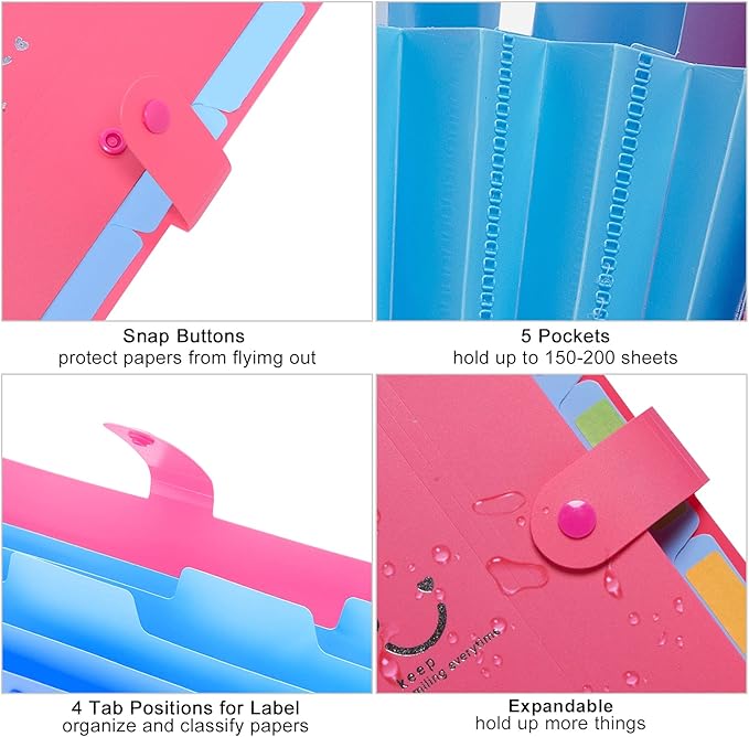 Forvencer Accordion File Organizer, 5 Pocket Expanding File Folder, Letter | Cute File Folder with Labels, Portable File Organizer for School Office Supplies, Folders for Documents, Fuchsia