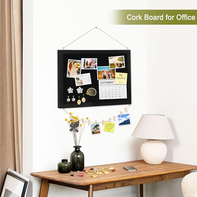 Double-Sided Small Wood Framed Cork Board with Linen, 16" x 12" | Hanging Bulletin Board, Picture Display Vision Board Kit Corkboards for Wall Room School Office Decor, 10 Pushpins(Black)