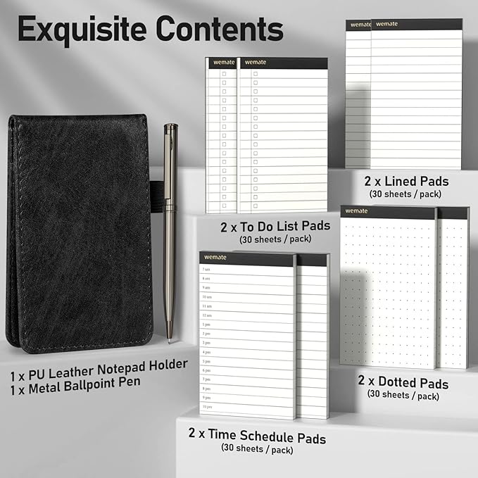 WEMATE Pocket Notebook with Pen, 10 Pieces Pocket Notebook Set Black | Mini Notepad Holder with 8 Memo Refills & Metal Pen, Compact Notebook for Meetings, Daily Notes and Records, 3×5 Inch