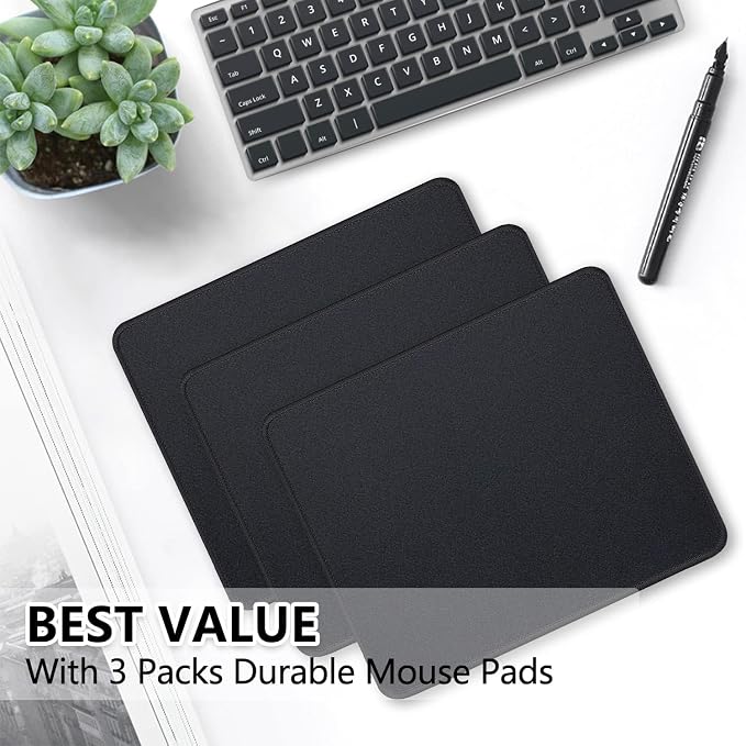 3 Pack Standard Mouse Pad with Stitched Edges, 10.3 x 8.3 in Black | Anti-Fray Stitched Edges,Smooth Lycra Surface,Non-Slip Rubber Base,Machine Washable and Fade-resistant,Suitable for All Mouse