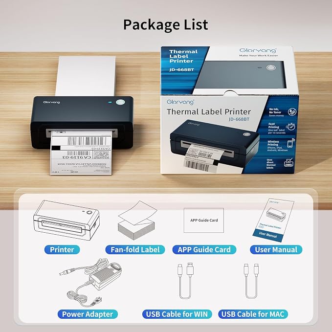 Gloryang Bluetooth Thermal Shipping Label Printer, 4X6 Inkless Label Machine for iOS, Android, Laptop, Wireless Printer for Small Business, Compatible with Amazon, UPS, Shopify, Black