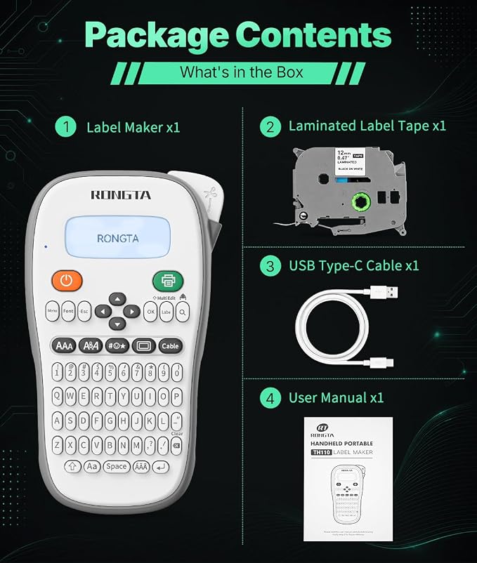 Rongta TH110 Bluetooth Handheld Label Maker Machine with 1 Tape, QWERTY Keyboard Portable Label Printer, for Home, Office, Organization