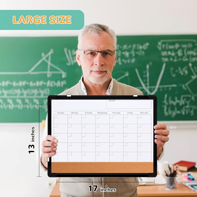 Monthly Calendar Whiteboard for Wall, Dry Erase Board with Cork Board Combo | 17"x13" Small Magnetic White Board, Double-Sided Hanging Board for Office Home, Portable Board for Planner Memo, Black