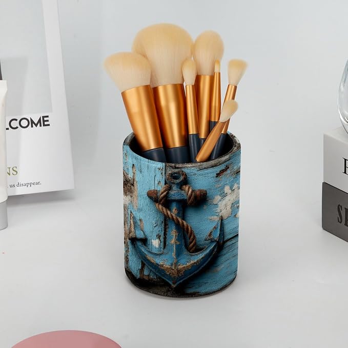 Leather Pen Holder for Desk, Retro Anchor Pencil Cup Pen Organizer Makeup Brush Holder for Office Home Kids Countertop Desk Accessory Storage