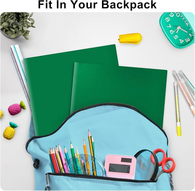 ViVin 12-Pack Green Plastic Folders with Pockets, Fits 8.5 x 11 Inch Letter Size Papers, Poly Folders with 2 Pocket, for Kids, Students, Teacher