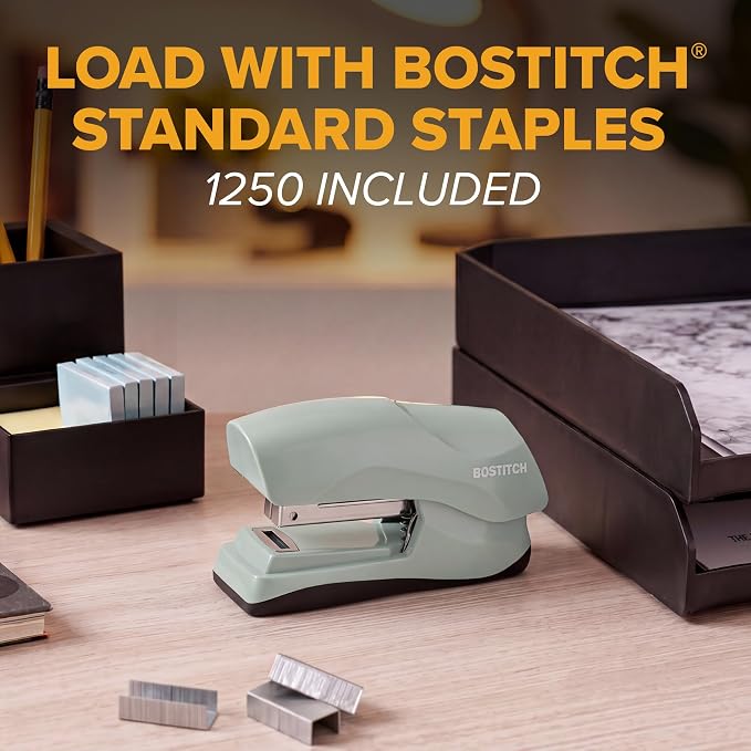 Bostitch Heavy Duty Stapler Value Pack, 40 Sheet Capacity, Sage | Half-strip, flat-clinch design opens fully for tacking bulletin boards; includes a staple remover and 5,000 staples.