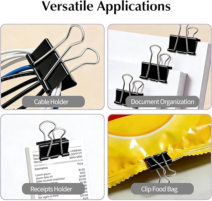 Binder Clips Assorted Sizes, Durable Metal Binder Clips for Office, Cute Desk Supplies for Teachers Student (60, Black)