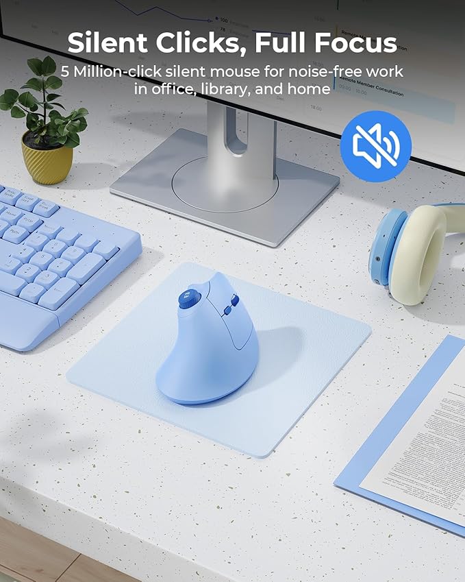 seenda Ergonomic Mouse Wireless, MOU-302 Bluetooth Vertical Mouse Rechargeable, Optical Mice with 1000/1600/2400 DPI, Volume Knob, 3 Multi-Device Connectivity for Computer/PC/Laptop/Mac, Blue