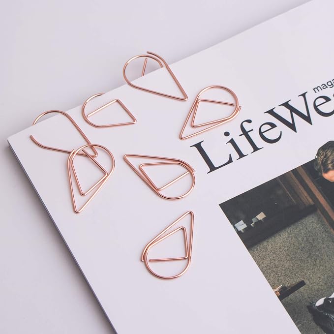 Rose Gold Medium Paper Clips 1.3 Inch/ 33 mm, 100 Pieces | Drop-Shaped , Stainless Steel, For Office School Supplies, Wedding Invitations, Document Organizing, Greeting Cards