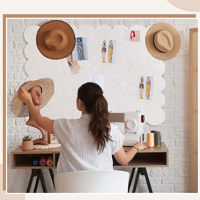 Mooliwe Scalloped Felt Bulletin Cork Board Foldable Beige 48 * 36 Inch | 4' x 3' Trifold, Self Adhesive, Picture Vision Board, Cork Alternative for Wall, Pin Bulletin Decorative for Office Bedroom