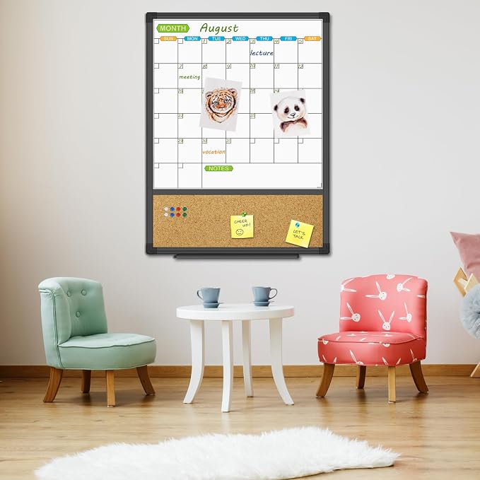 Magnetic Calendar Whiteboard & Bulletin Corkboard Combination, Combo Board 20 x 28 Inch, Black Aluminum Frame Wall Mounted Board for Office Home and School with 10 Push Pins