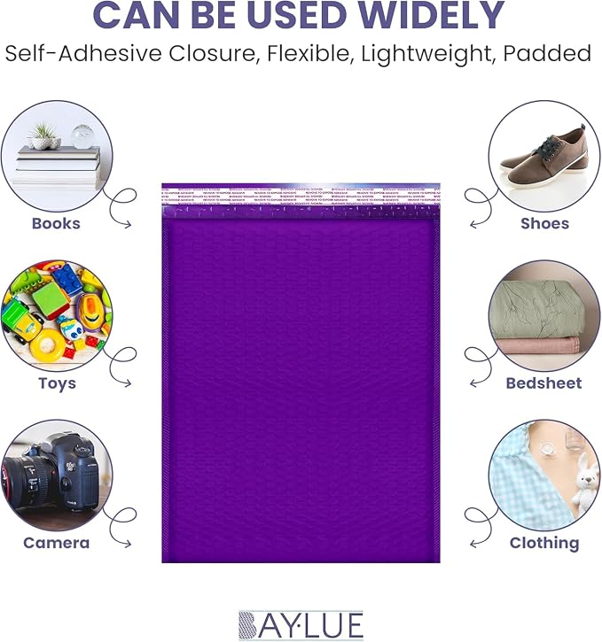 Purple Bubble Mailers 12x15, Self Seal Poly Padded Envelopes, 100 Pack Bulk | Holds Clothing & Bulk Items, No Tape Needed, Cushioned Protection, Water-Resistant Poly, For Small Business Shipping