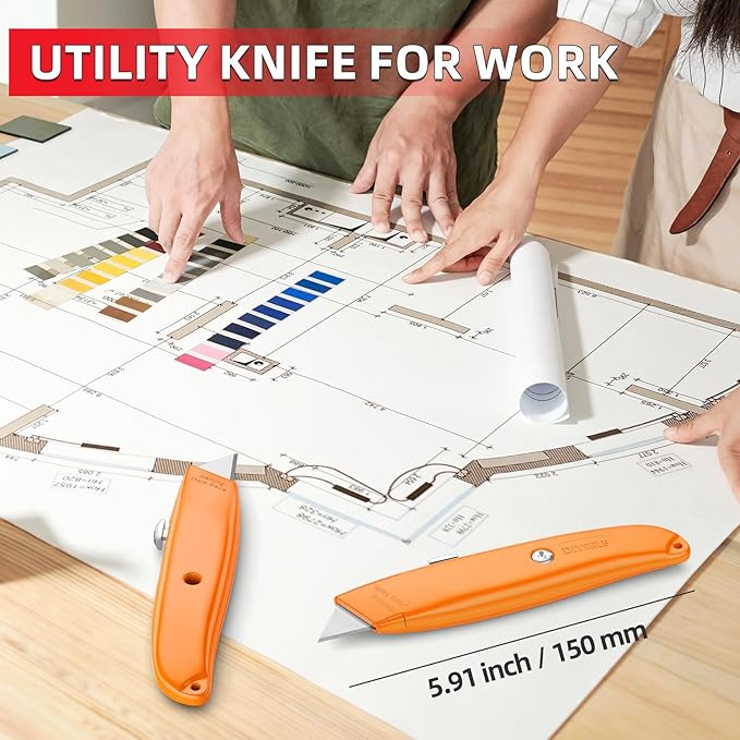 DIYSELF 20 Pack Razor Utility Knives, Durable Retractable Box Cutters | Comfort Grip Box Cutters for Cartons, Tape, Plastic, Crafts, Utility Knives for Shop and Warehouse, PVC Pipe Cutter (Orange)