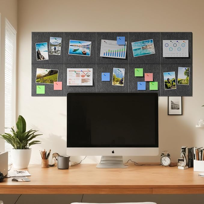 MaxGear Felt Bulletin Board 48" x 36", Dark Gray Felt Wall Tiles Wall Decor | Modern Cork Board For Office Alternative, 12 Pack 11.8" x 11.8" Wall Panels With Push Pins, Vision Board Office & Home Decor