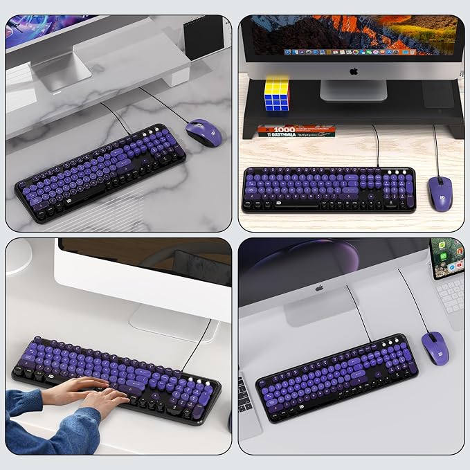 FOPETT 8870P Wired Keyboard and Mouse Combo - Full-Sized Computer Keyboards with 104 Round Keys Retro Typewriter Mouse and Keyboard for PC Windows Desktop Laptop - Purple Colorful