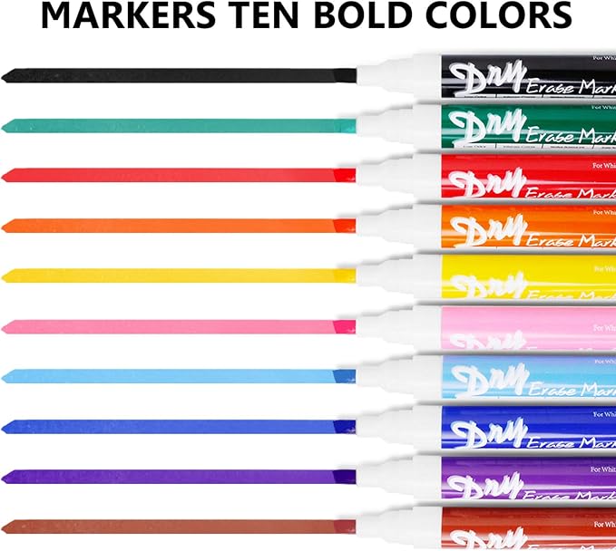 Volcanics Dry Erase Markers, Chisel Tip, 10 Colors, 10 Pack, Low Odor | Whiteboard Markers, Dry Erase Pens, Easy Erase for Whiteboards, Glass, Calendars, Office, School, Home