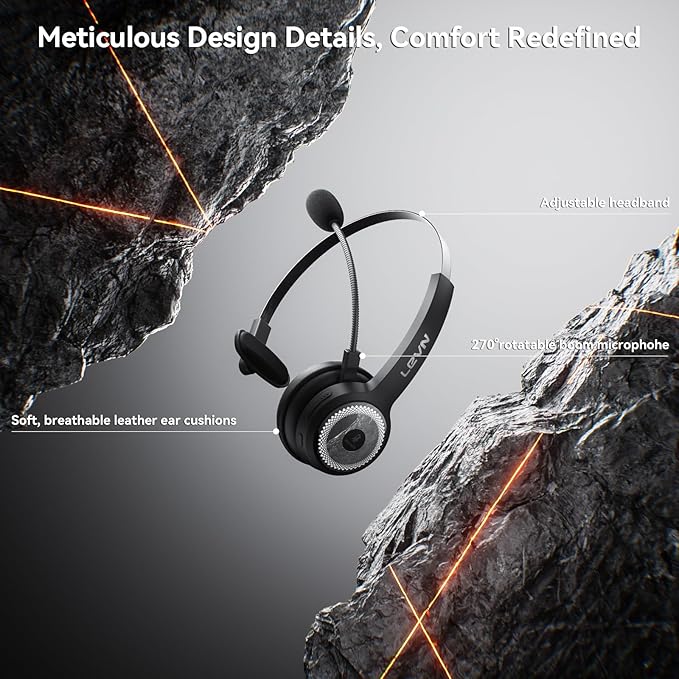 LEVN Wireless Headset with Mic for Work, Wireless Headset (Charging Base, Noise Cancelling & Mute Button), Long Battery Life, Bluetooth Headsets for Home/Office/Call Center/Laptop/Teams/Zoom, Black
