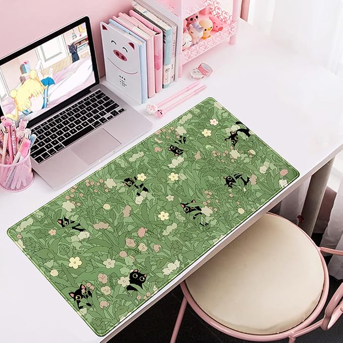YKJWW Green Desk Mat Cat Cute Flower Plant Cool Desk Pad XXL Keyboard Mat | Desk Mat for Women Office Gamer Home Decor Supplies Desk Accessories Pad Non-Slip Mousepad with Stitched Edge Mat 31.5x15.7in