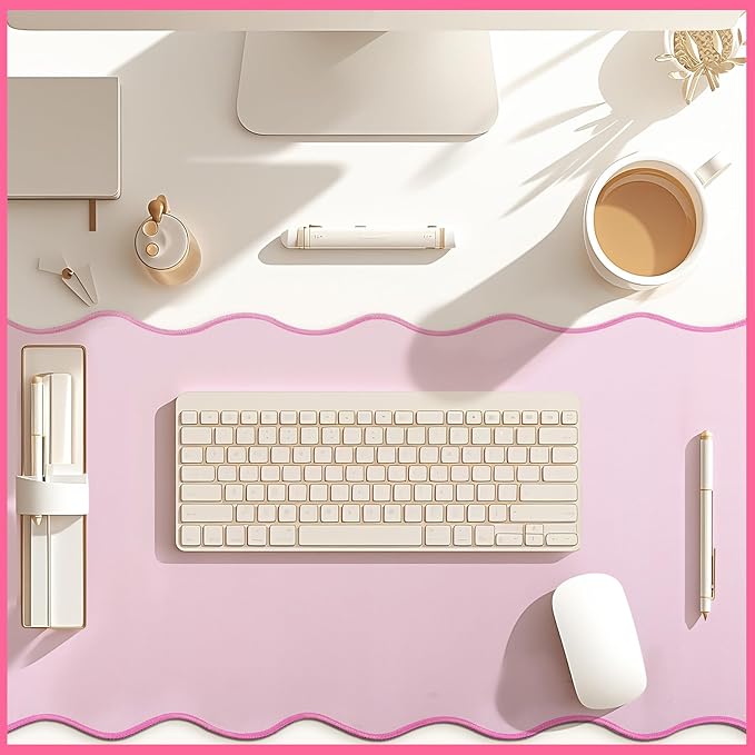 Hahafelt Scalloped Desk Mat Waterproof,Pink,36 X 17 Inches | Coquette Preppy Style for School Office Makeup Vanity, Nonslip Gaming Desktop Protector with Scalloped Stitched Edge Mat