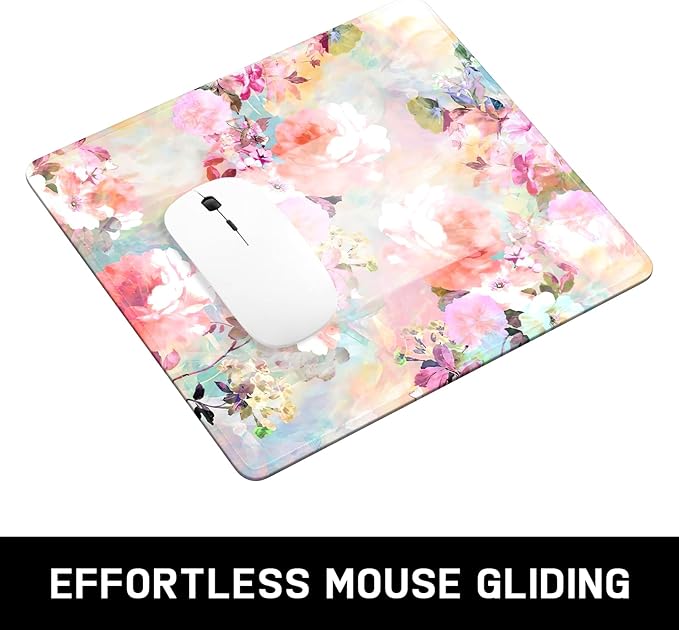 Mouse Pad, Minimalism Marble Style Computer Pad, Anti-Slip Rubber Mouse Mat with Stitched Edges for Gaming, Office, Laptop, PC, Women, 9" x 8" Thick 3 mm, Colorful Flower