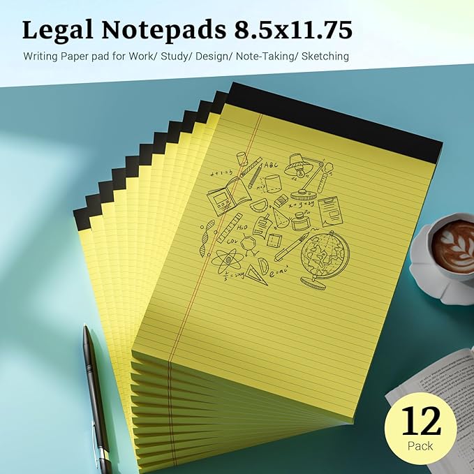 Yellow Legal Pad, 8.5 x 11 College Ruled Notepad, 12 Pack Notepads | 8.5 x 11 Legal Writing Pad, 30 Sheets Per Note Pad, Micro Perforated Yellow Lined Paper for Work Study Daily Note Taking List
