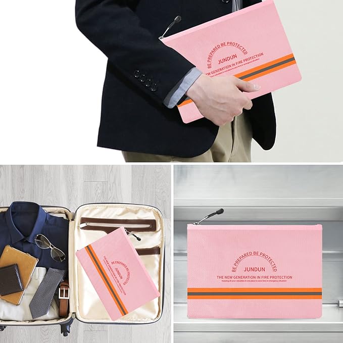JUNDUN Fireproof Document Bag,14.2”x 10.0”Waterproof and Fireproof Money Bag with Aluminum Foil Lining,Fireproof Safe Storage Pouch with Zipper for Document and Cash,Pink