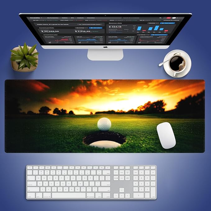 Golf Ball Near Hole Large Mouse Pad, Golf Field Sunset Scenery Desk Mat | 31.5" x 11.8", XXL Gaming/Office Durable Stitched Keyboard Mat, Smooth Surface Anti-Slip Base