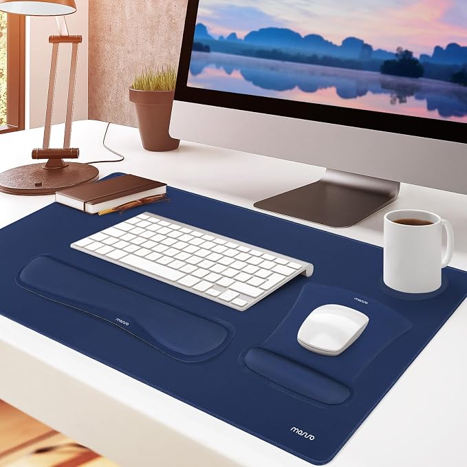 MOSISO Keyboard Mouse Pad Set, Large Gaming Mousepad&Keyboard Wrist Rest | Mouse Wrist Rest&Coaster, Ergonomic Non-Slip Mousepad&Easy Typing Cushion with Memory Foam for Home Office, Navy Blue