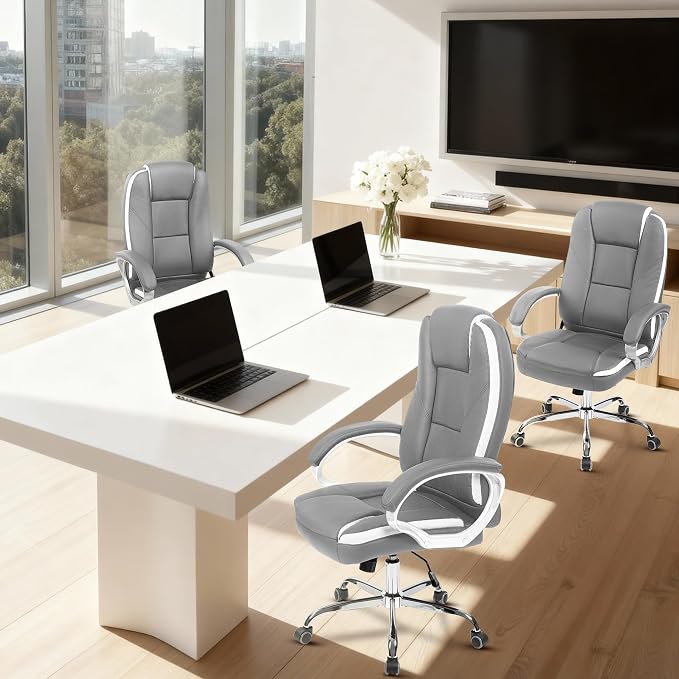 NEO CHAIR Office Desk Chair PU Leather Chair with Lumbar Support, Grey | Ergonomic High Back Executive Computer Chair, Comfortable Padded Fixed Armrests Swivel Chair with Wheels for Office/Home