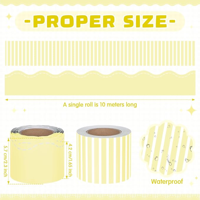 2 Rolls 65.6ft Marcaron Yellow Striped Bulletin Board Borders Decoration Scalloped and Straight Edge Yellow Bulletin Borders Board Trim for Office School Classroom Chalkboard Party Decoration