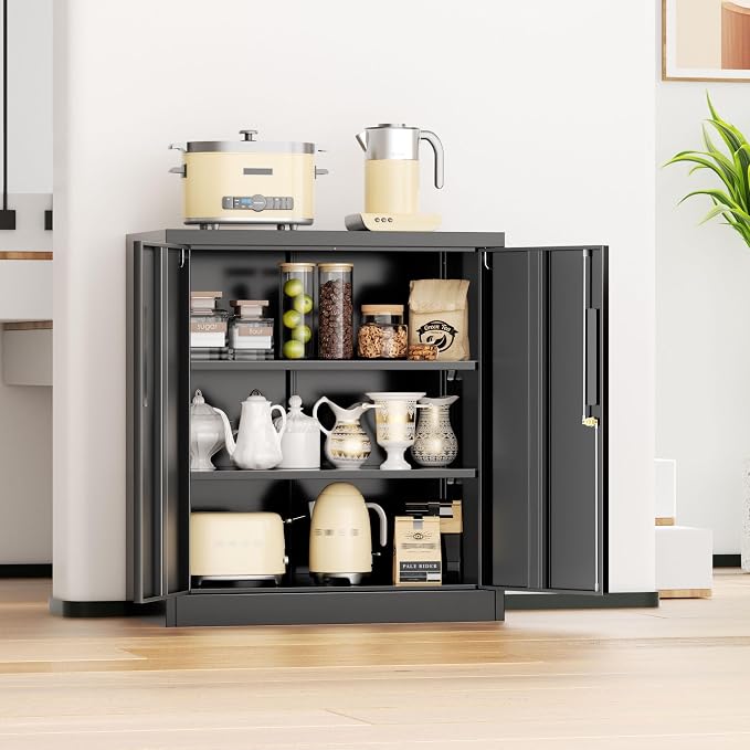 Metal Storage Cabinet with Locking Doors, Lockable Steel Storage Cabinets with 2 Doors and Shelves, Black Metal Cabinets with Lock, Small Steel Cabinet for Office, Garage, Home, Shop