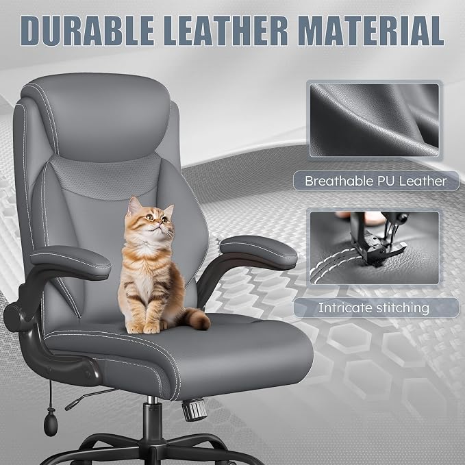 Ergonomic Office Chair, Big and Tall Office Chair, Executive Chair- Padded Leather Comfy Chair with Adjustable Lumbar Support & Flip-Up Arms, Rocking Swivel Chair for Home Office,Gray