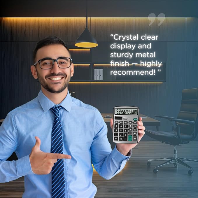 TRULY 12-Digit Desktop Calculator with Large Display, Big Buttons, Dual Power (Solar + Battery), Metal Finish, Ideal for Office, Home, School – 837A Pro Light Blue